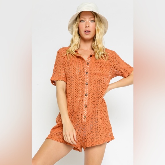 Vici Pants - Olivaceous Sunshine Romper Orange Short Sleeve Crochet